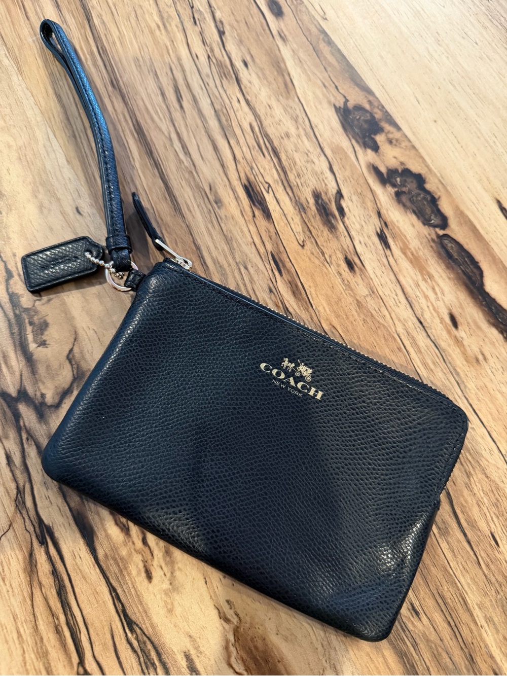 Coach Black Leather Zip Wristlet with Gold Logo